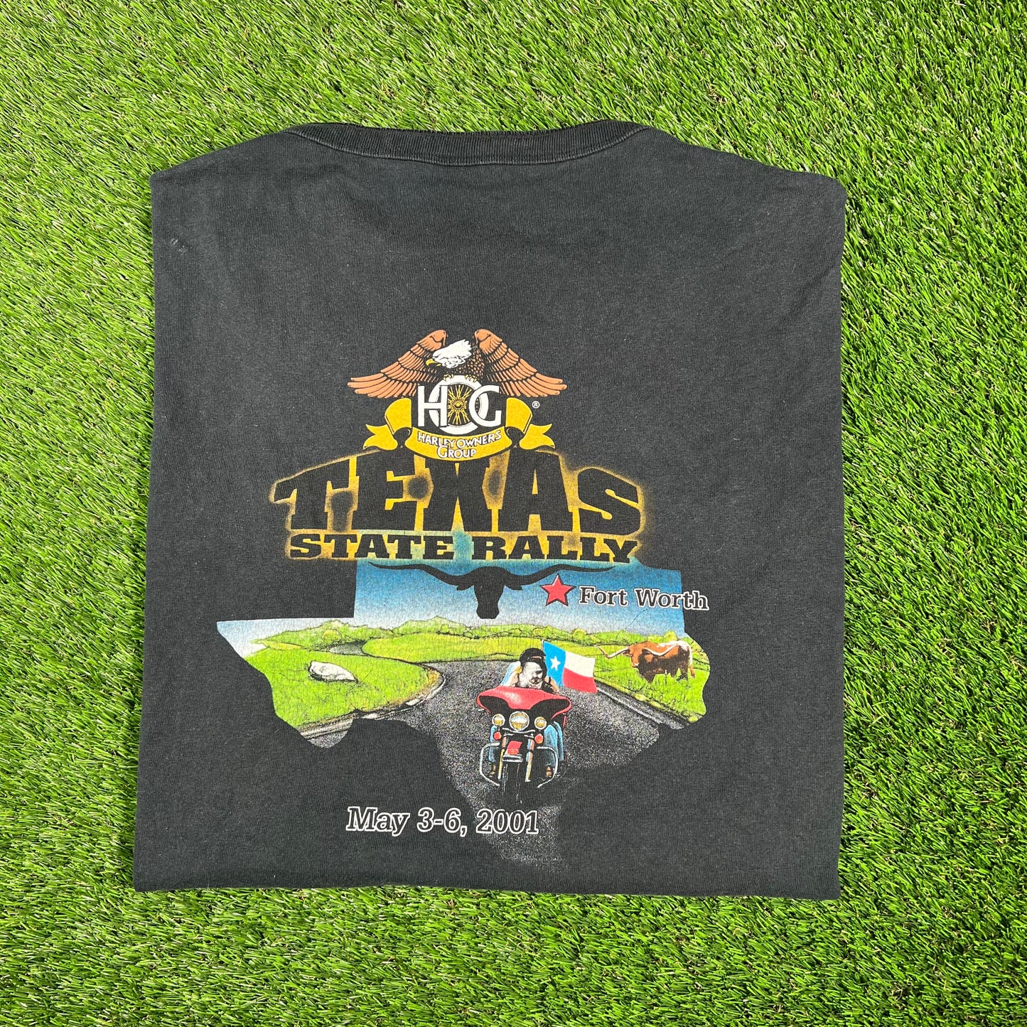 2001 Texas State Rally Fort Worth Henley Cropped Black Tee Size XXL USED V17465