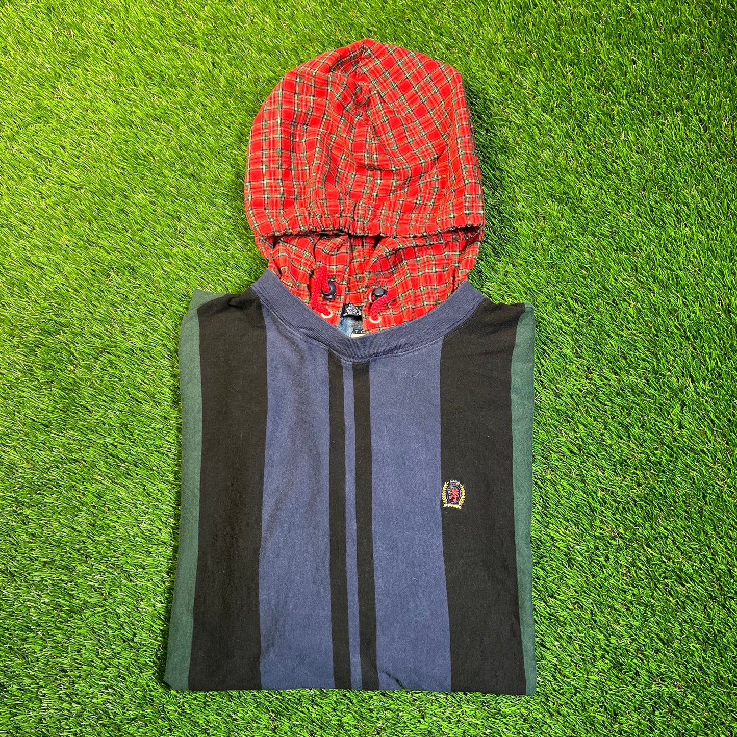 1990s Tommy Hilfiger Blue/Green Stripped Plaid Hood Longsleeve Size XL USED v18883
