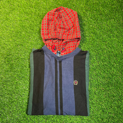 1990s Tommy Hilfiger Blue/Green Stripped Plaid Hood Longsleeve Size XL USED v18883