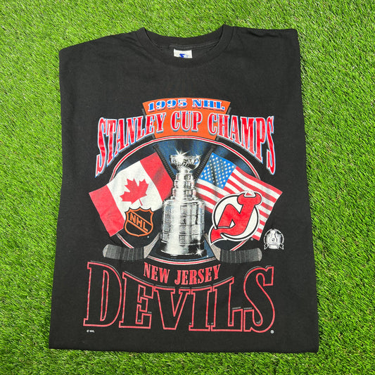 1995 Stanley Cup Champs New Jersey Devils Black Tee Size Large USED v17200