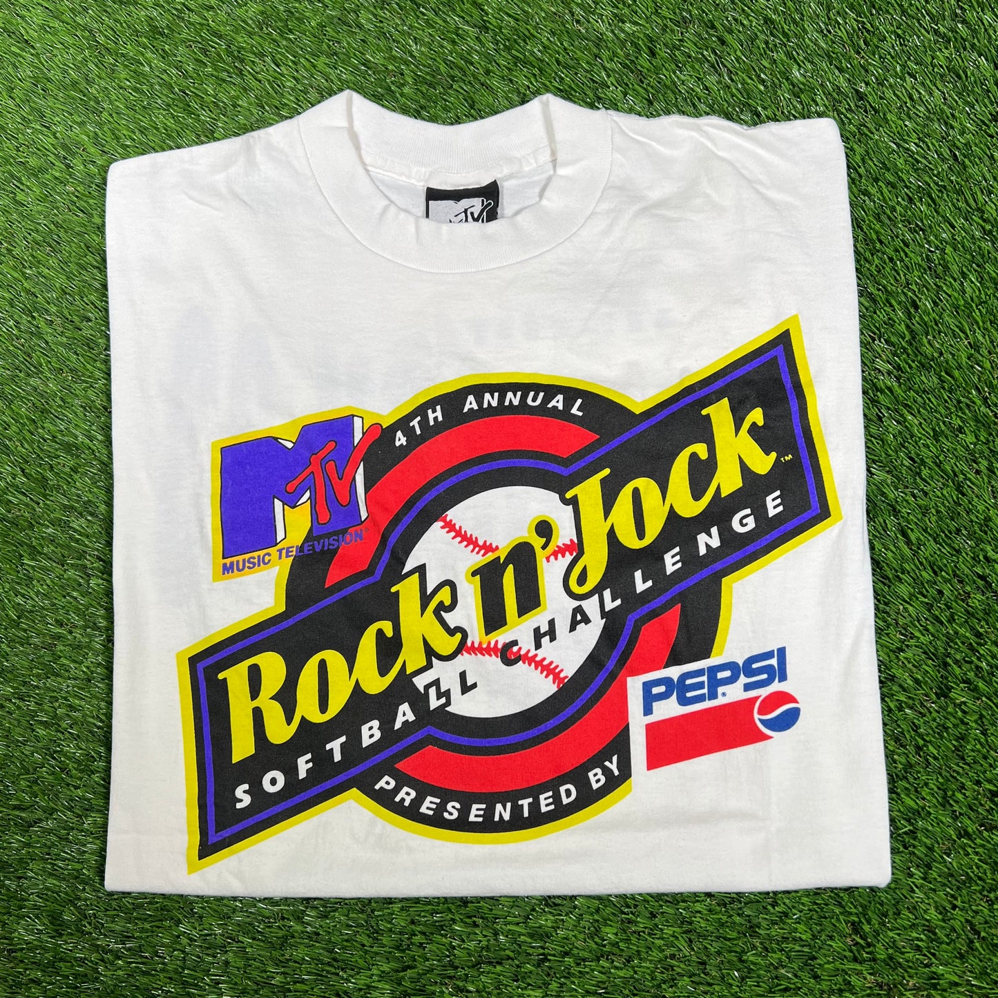 1993 MTV Rock n Jock Softball Challenge White Tee Size XL USED v17167