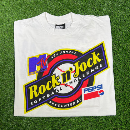1993 MTV Rock n Jock Softball Challenge White Tee Size XL USED v17167