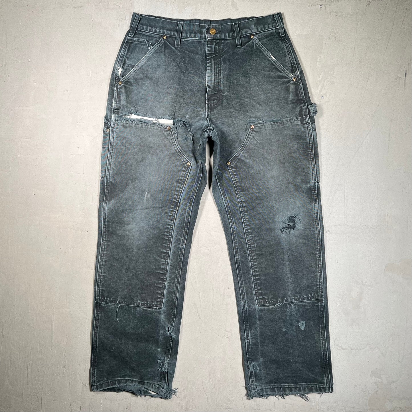 Y2K Carhartt Washed Black Thrashed Double Knees Size 34 USED v19550
