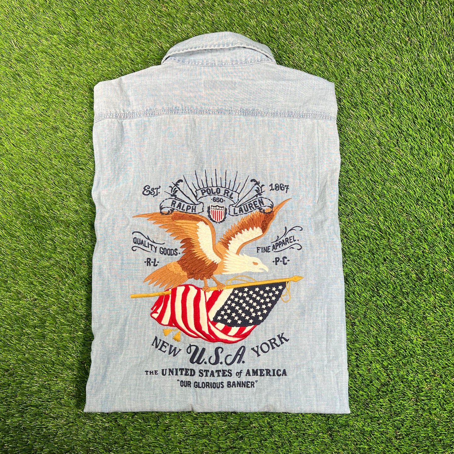 Polo Ralph Lauren Home of The Brave Denim Button Up Shirt Size Medium NEW v18043