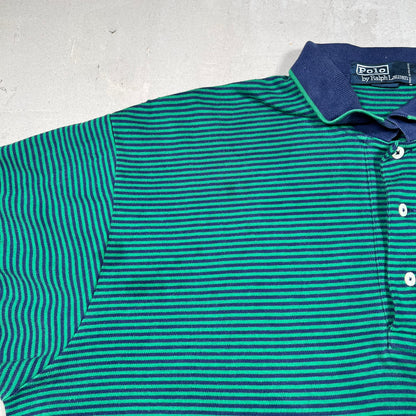 Y2K Polo Ralph Lauren Green/Blue Striped Polo Size XL USED v19022