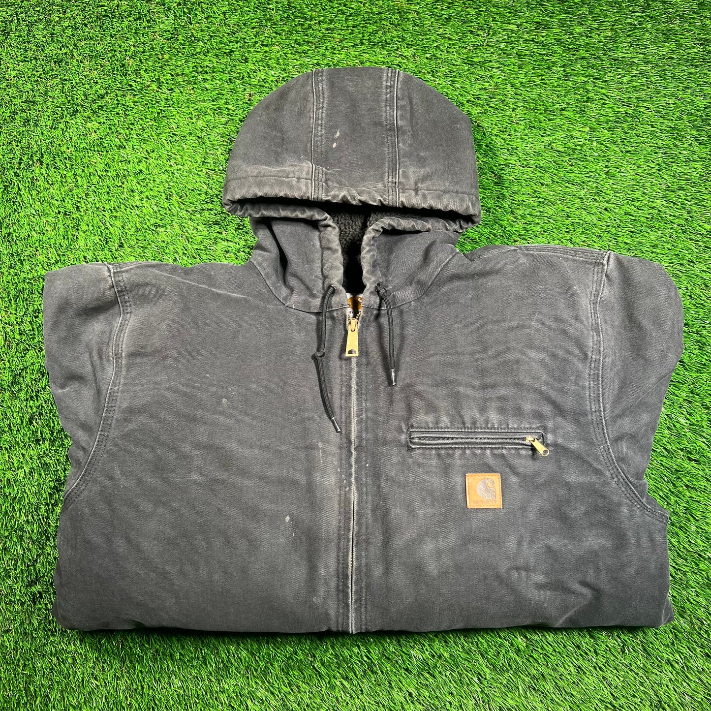 Y2K Carhartt Sherpa Lined Duck Sierra Washed Black Workwear Jacket Size Large USED v18391