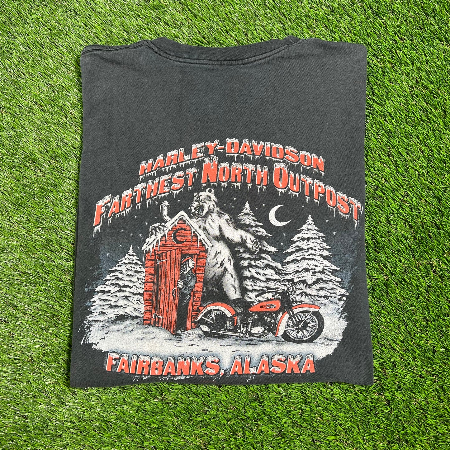 Y2K Harley Davidson Motorcycle Farthest North Alaska Black Tee Size Large USED v16543