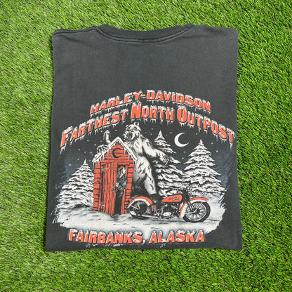 Y2K Harley Davidson Motorcycle Farthest North Alaska Black Tee Size Large USED v16543