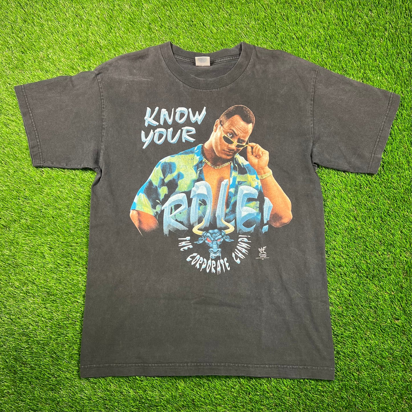 1998 WWE The Rock "Know Your Role, The Corporate Champ" Black Tee Size Large USED v18779