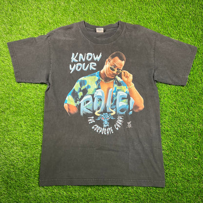 1998 WWE The Rock "Know Your Role, The Corporate Champ" Black Tee Size Large USED v18779