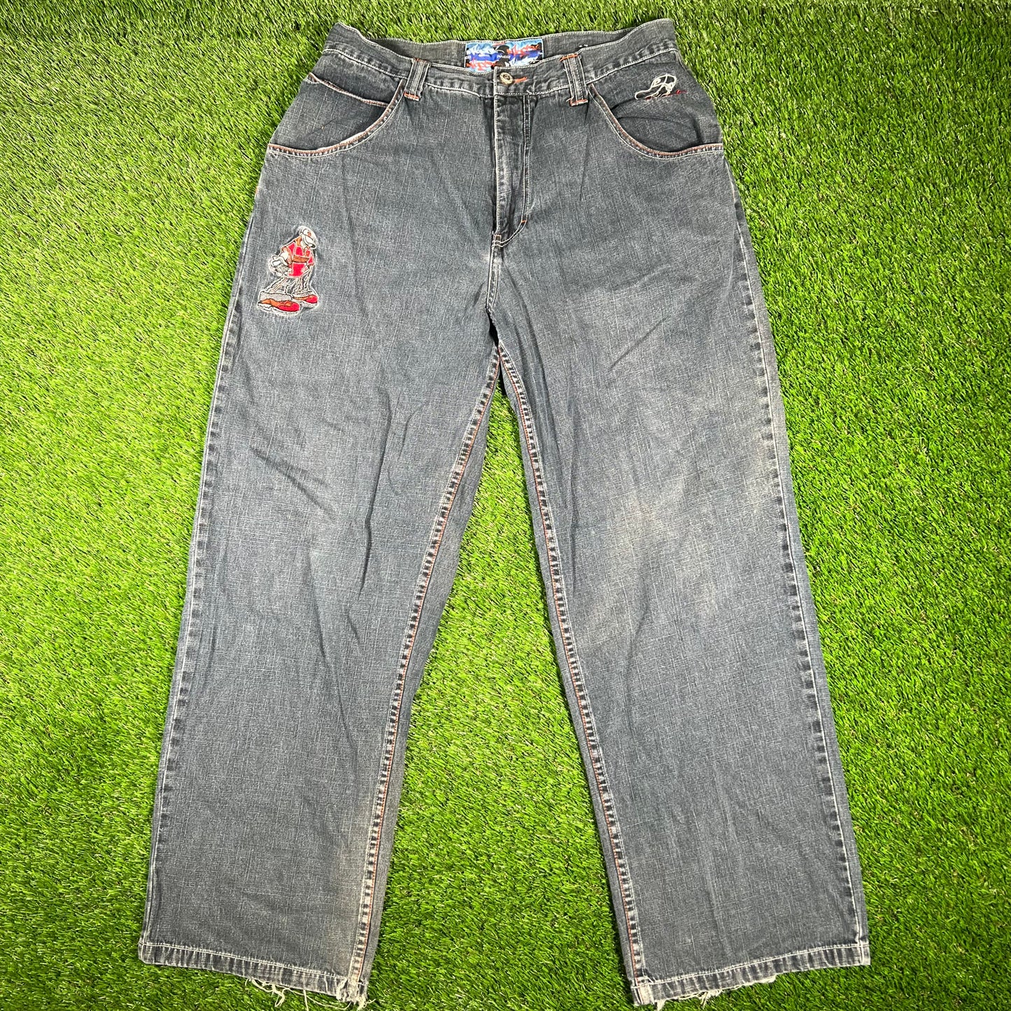 Y2K Paco Sports Embroidered Patched Grey Jean Size 34x32 USED v17021