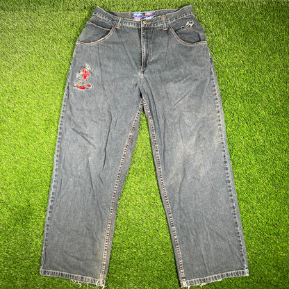 Y2K Paco Sports Embroidered Patched Grey Jean Size 34x32 USED v17021