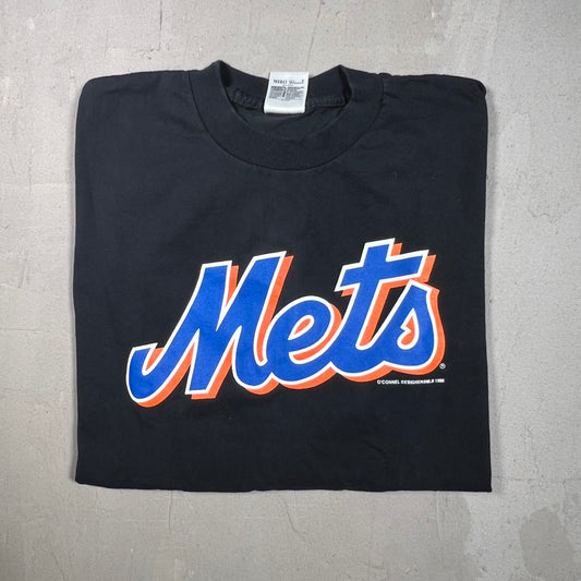 1998 Mets Logo Black Tee Size Large USED v18897