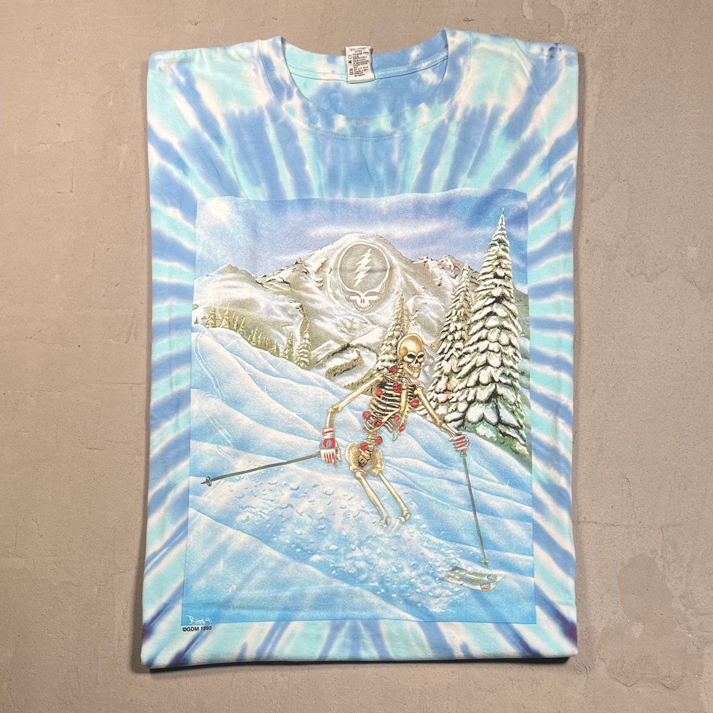 1995 Grateful Dead Skiing Skeleton Tie Dye Tee Size XL USED v9127