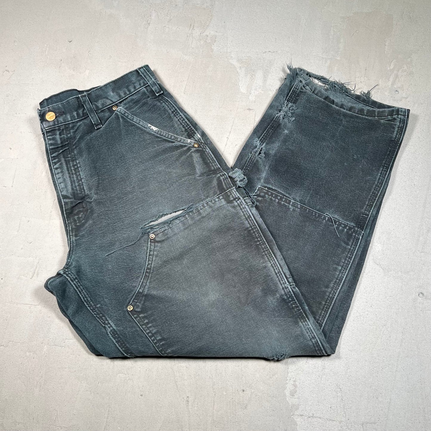 Y2K Carhartt Washed Black Thrashed Double Knees Size 34 USED v19550