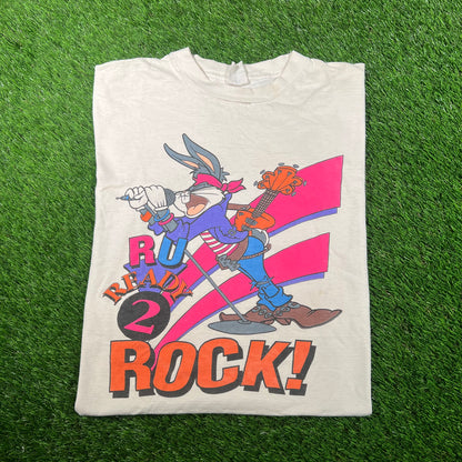 1990s Bugs Bunny R U Ready To Rock White Tee Size Large USED v17710