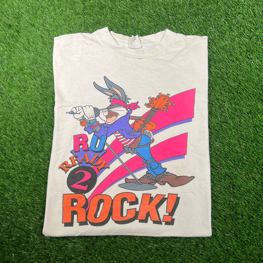 1990s Bugs Bunny R U Ready To Rock White Tee Size Large USED v17710
