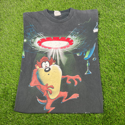 1997 Taz Alien Abduction AOP Black Tee Size Large USED v16950