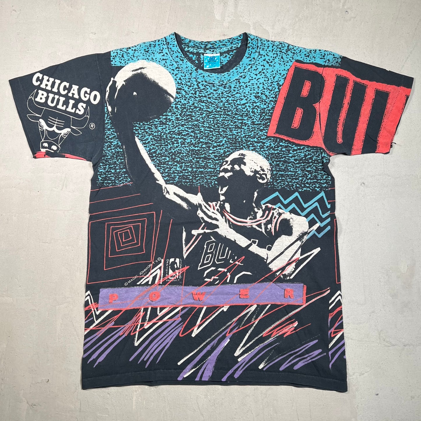 Michael Jordan Magic Johnson Tag Full Print Tee Teal/Black Size Large USED v5833