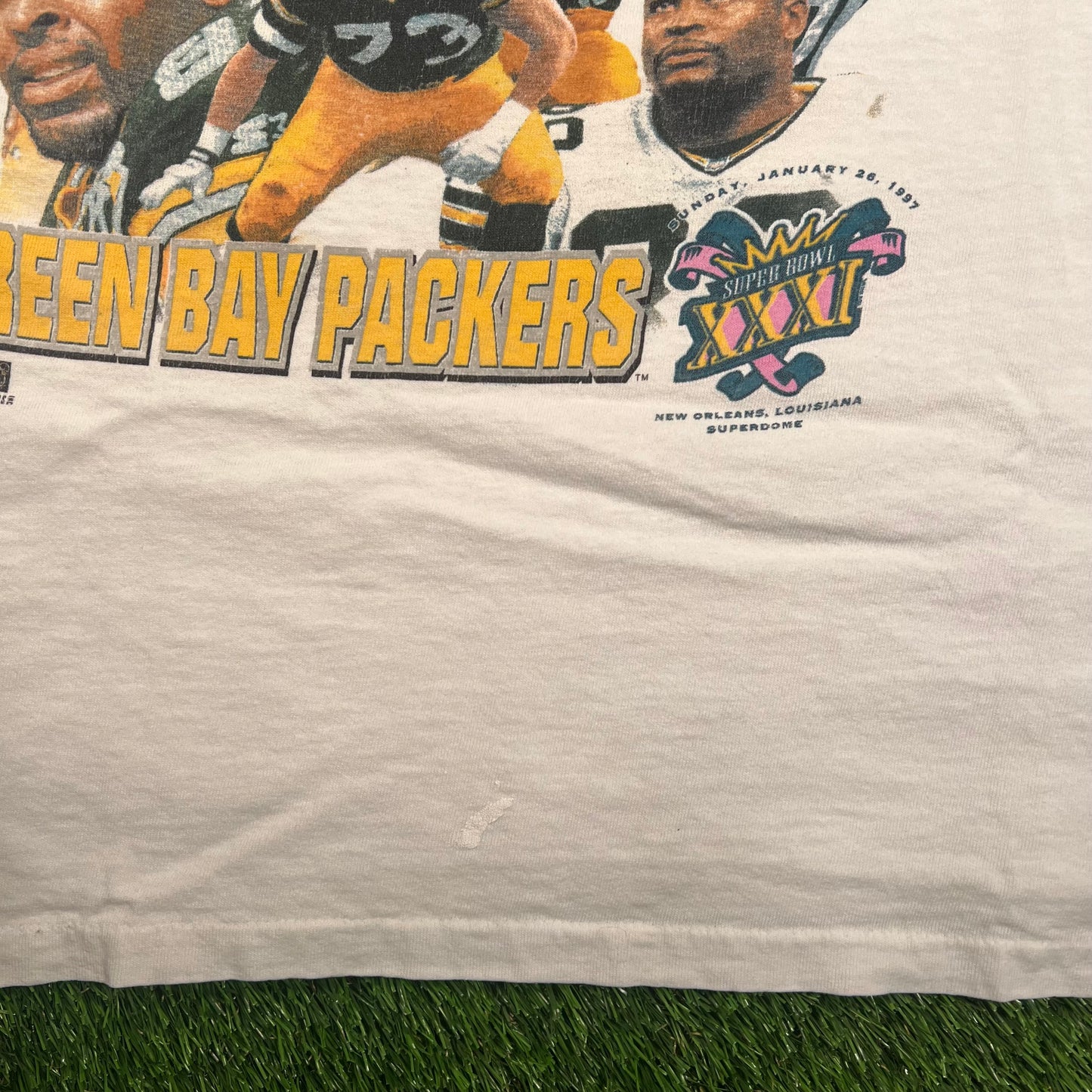 1997 Starter Green Bay Packers Super Bowl XXXI Champions White Tee Size Large USED v18493