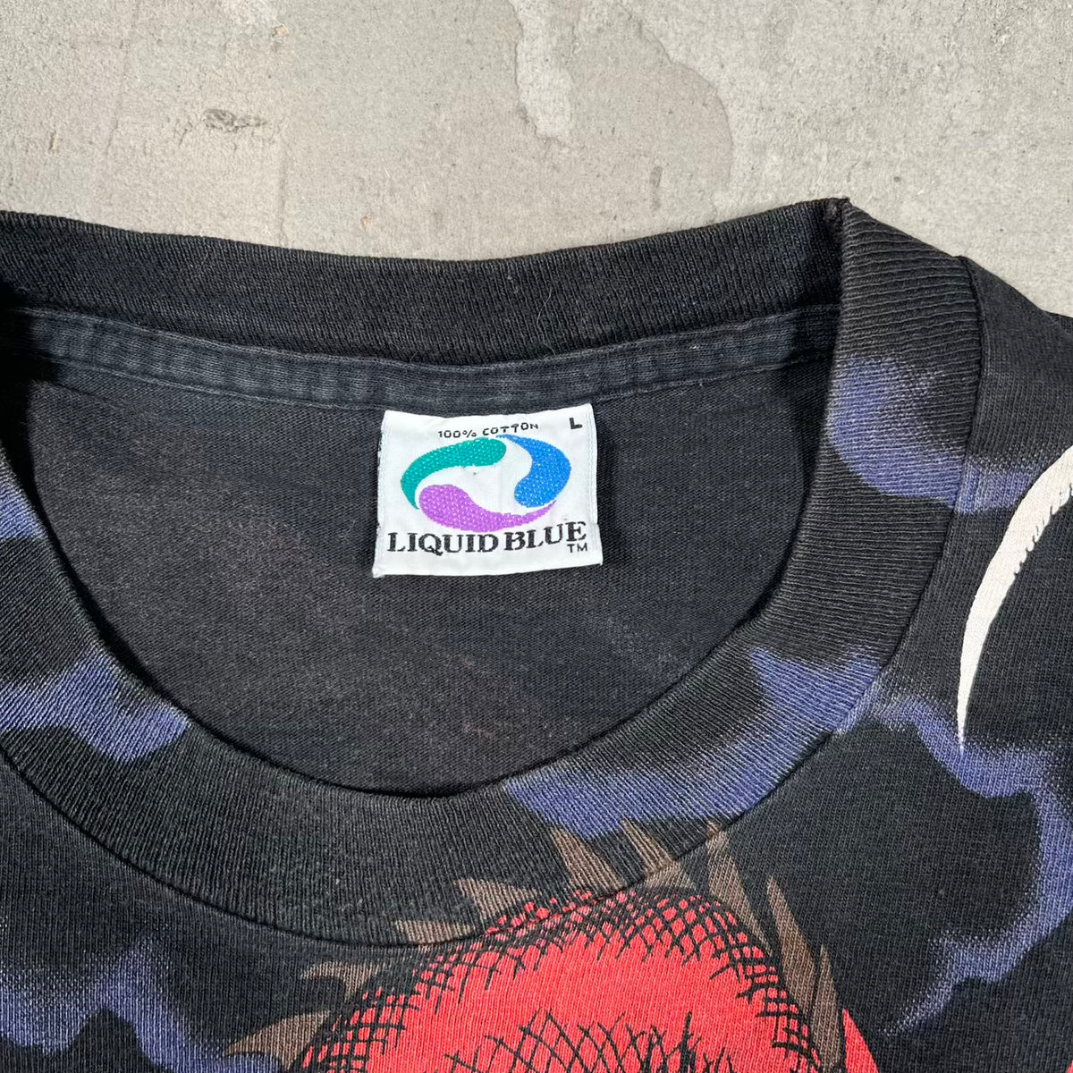 1993 Liquid Blue Dragon AOP Black Tee Size Large USED v20050