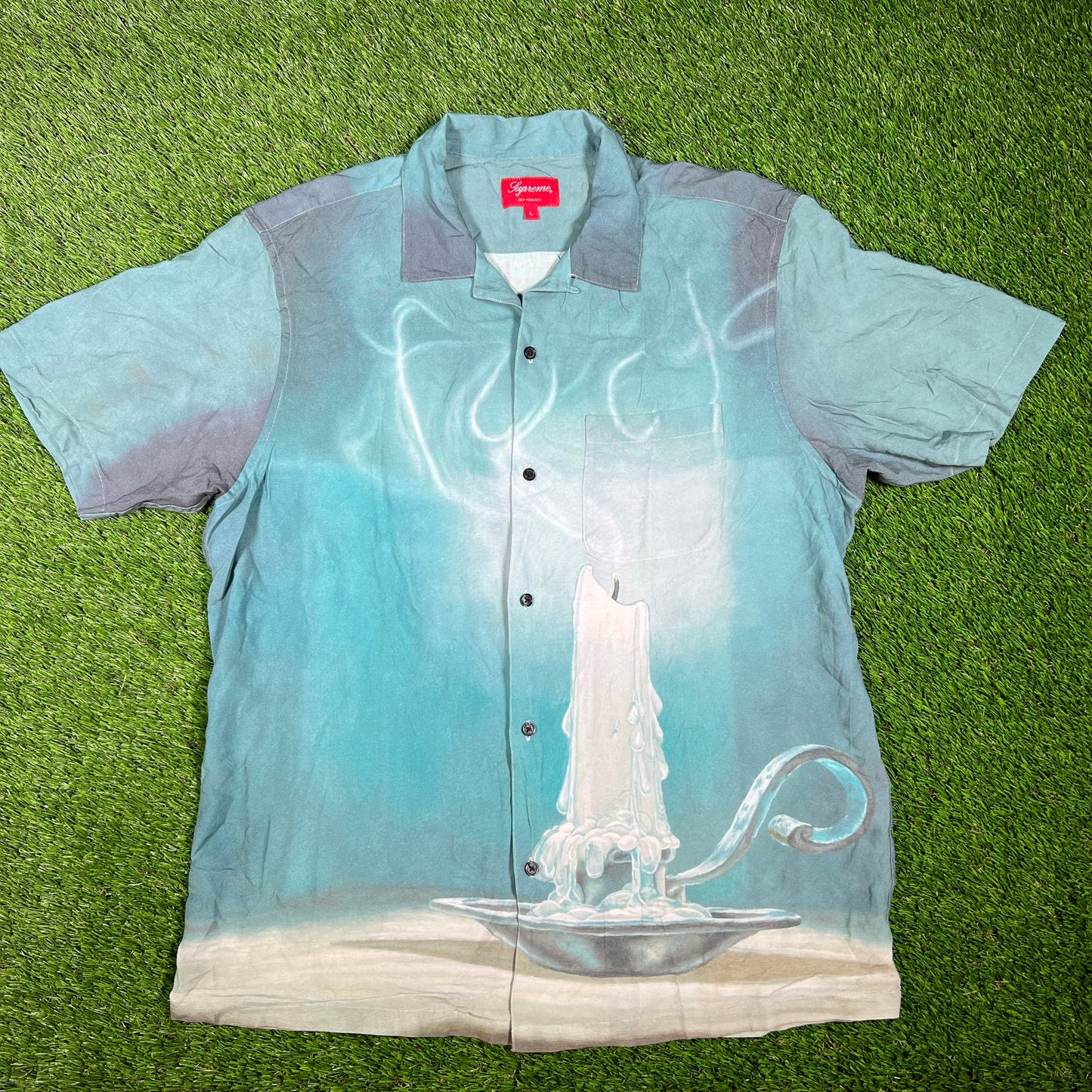 Supreme Fuck Rayon Candle 2021 Button Up Blue Shirt Size Large USED x14353