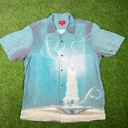 Supreme Fuck Rayon Candle 2021 Button Up Blue Shirt Size Large USED x14353