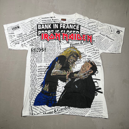 Iron Maiden Newspaper AOP Brockum Tag Tee Size Large USED v11585