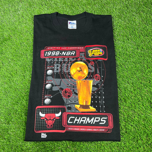 1998 Chicago Bulls NBA Finals Six Time Champs Black Tee Size XL USED v16723