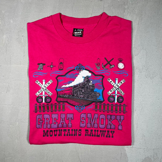 1990s Great Smoky Mountains Railway Train Pink Tee Size Large USED v19214