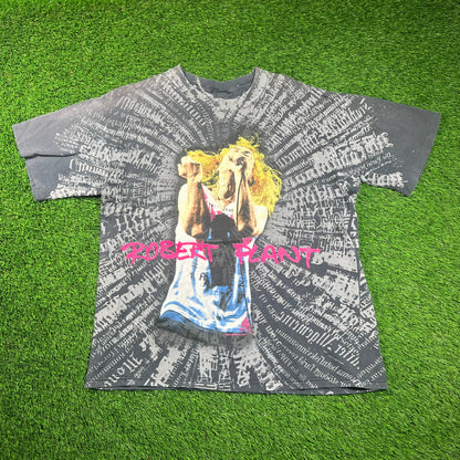1993 Robert Plant All Over Print Text Black Tee Size Large USED v18352