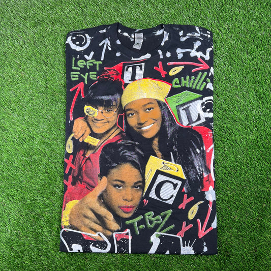 TLC Black Bootleg AOP Rap Tee Size Large USED v18011