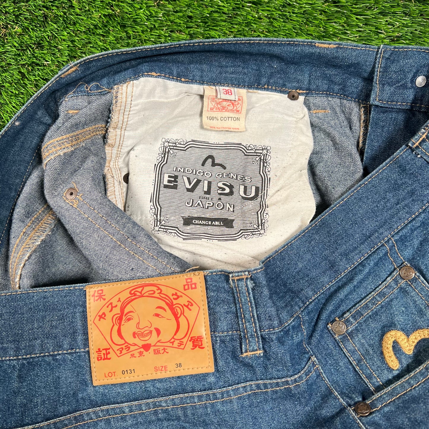 Y2K Evisu 25 Pocket Blue Jeans Size 38 USED x16279