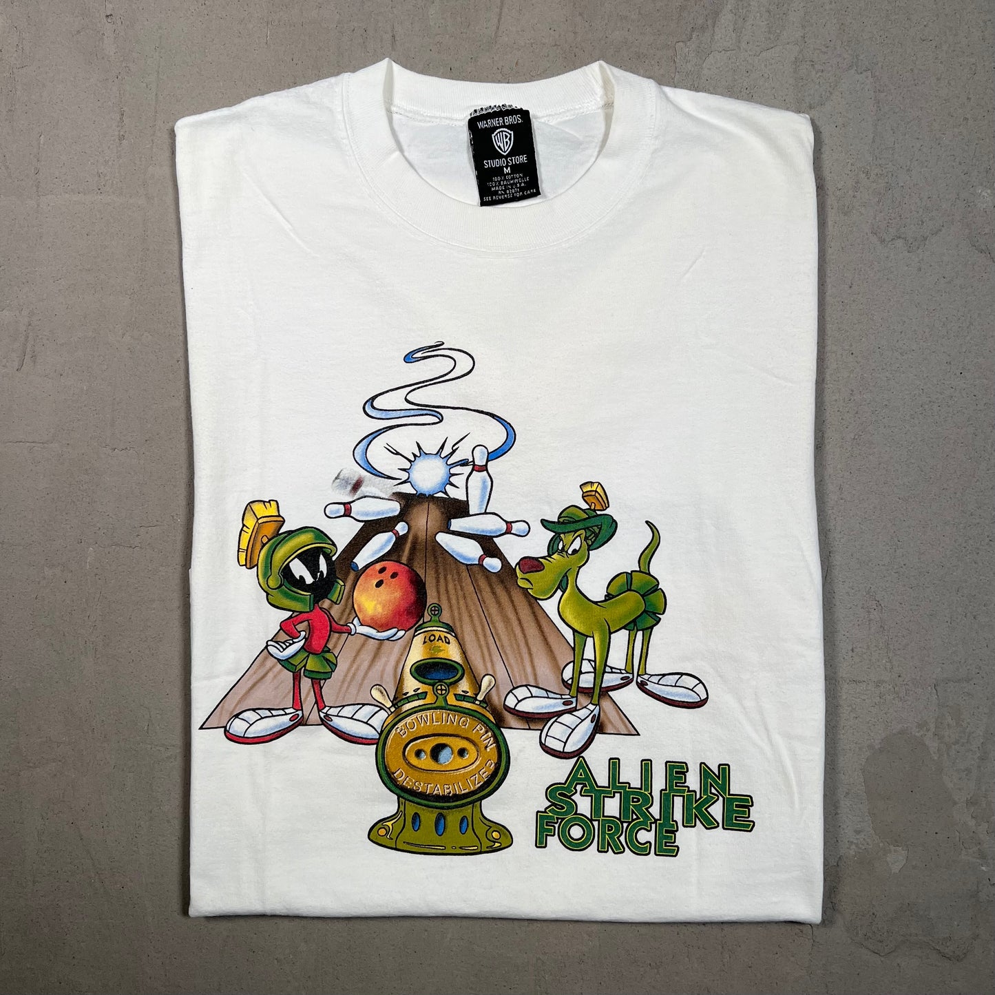 1990s WB Marvin the Martian Bowling Tee White Size Medium USED v19535