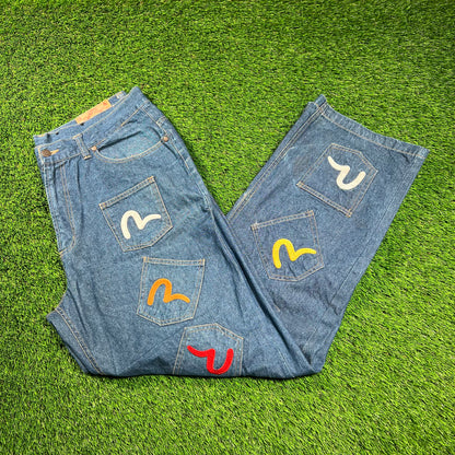 Y2K Evisu 25 Pocket Blue Jeans Size 38 USED x16279