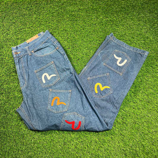 Y2K Evisu 25 Pocket Blue Jeans Size 38 USED x16279