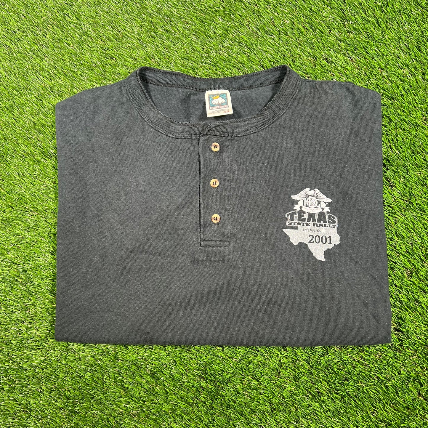 2001 Texas State Rally Fort Worth Henley Cropped Black Tee Size XXL USED V17465