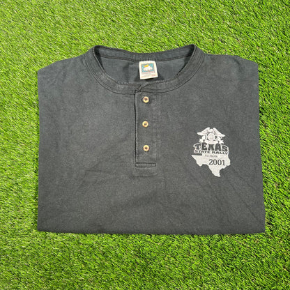 2001 Texas State Rally Fort Worth Henley Cropped Black Tee Size XXL USED V17465