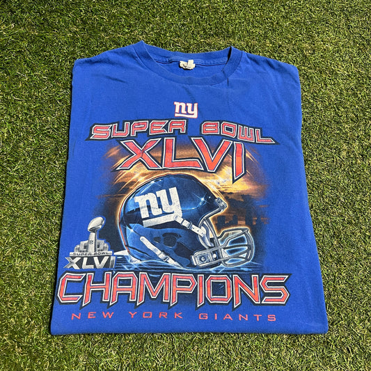 2012 New York Giants Blue Super Bowl Champions Tee Size Large USED v16497