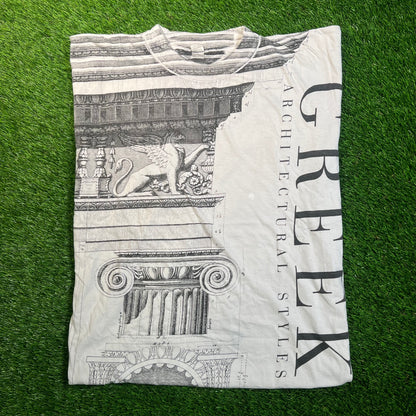 1990s Greek Architectural Styles AOP Grey Tee Size Medium USED v18817