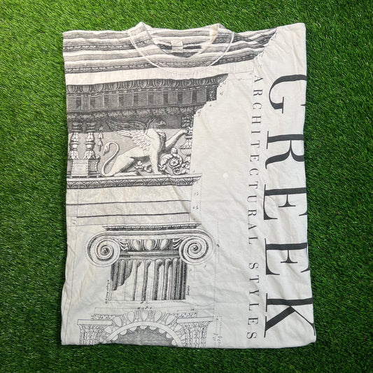 1990s Greek Architectural Styles AOP Grey Tee Size Medium USED v18817