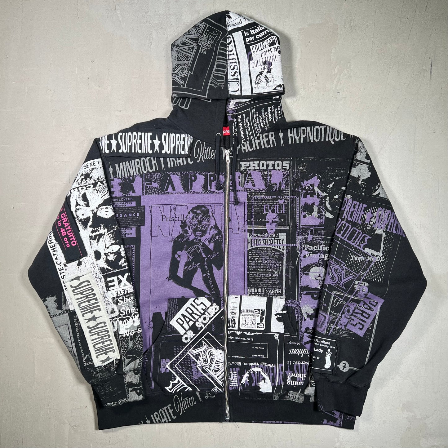 Supreme Collage Purple/Black Zip Up Hoodie Size XL USED x17292