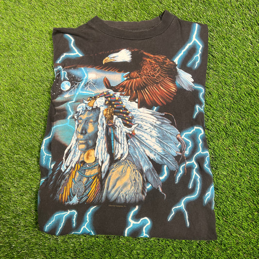 1990s American Thunder Native American AOP Black Tee Size Large USED v17917