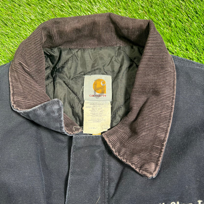 1990s Carhartt Bell Star Tower Workwear Navy Blue Jacket Size XL USED v18148