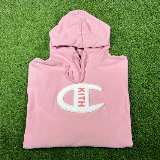 Kith x Champion Pink Logo Hoodie (2018) Size Large USED x14740