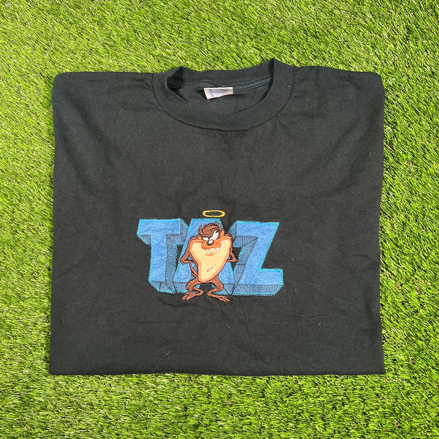 1990s Taz Angel Embroidered Black Tee Size XL USED v17349