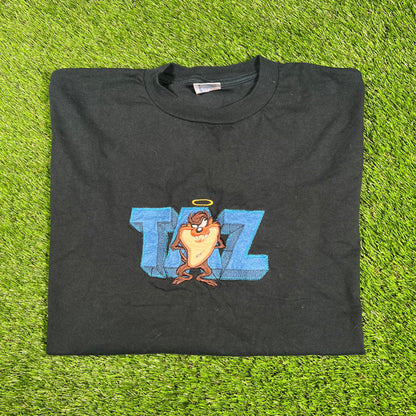 1990s Taz Angel Embroidered Black Tee Size XL USED v17349