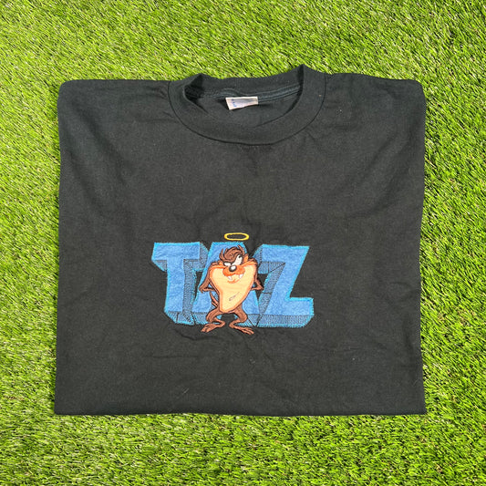 1990s Taz Angel Embroidered Black Tee Size XL USED v17349