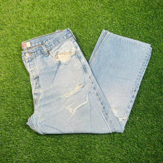 Y2K Levi's 501 Light Wash Patch Denim Size 34 USED v18776