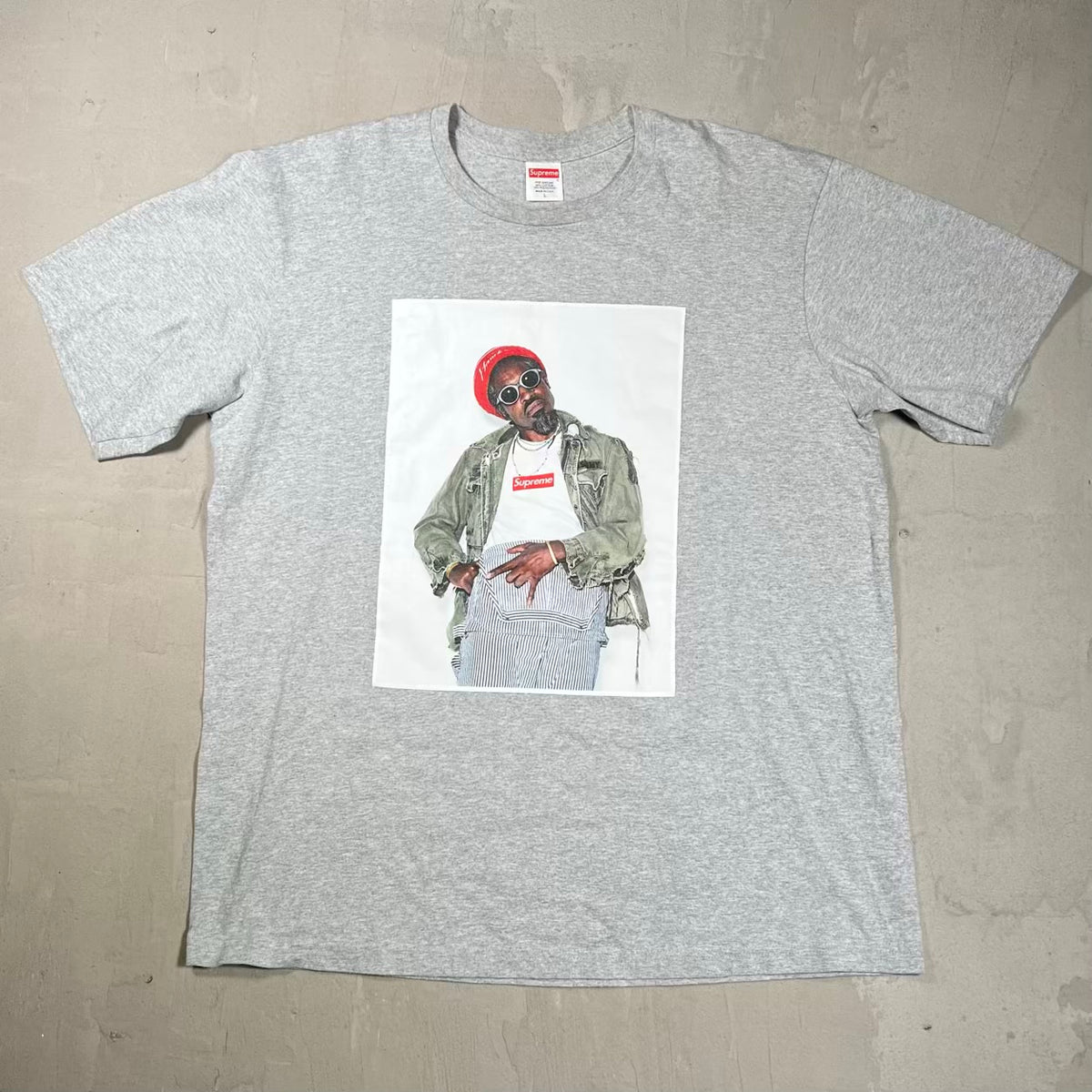 Supreme Andre 3000 Heather Grey Photo Tee Size Large USED x18492